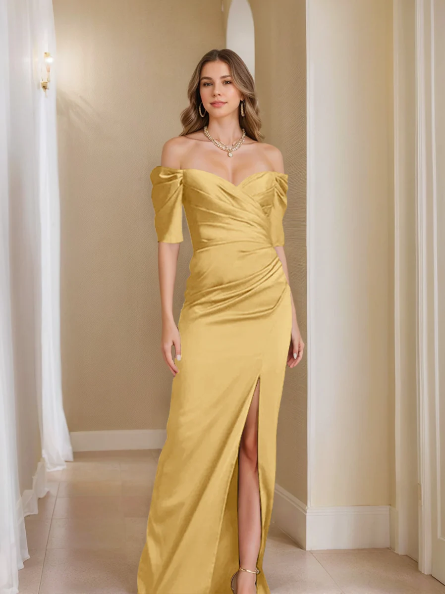 Sheath/Column Off-the-Shoulder Short Sleeves Mother of the Bride Dresses With Split Front - Image 6