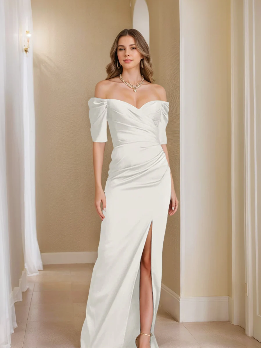 Sheath/Column Off-the-Shoulder Short Sleeves Mother of the Bride Dresses With Split Front - Image 8