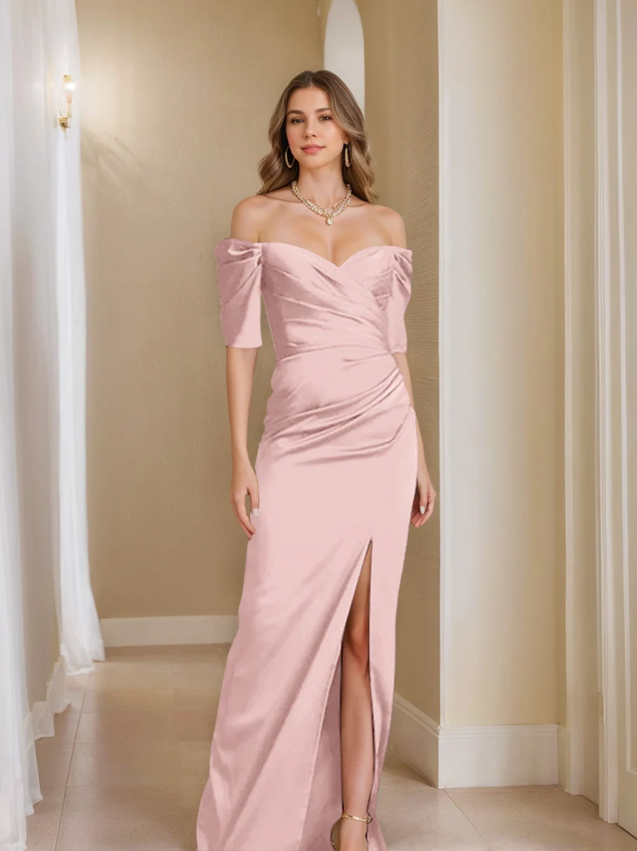Sheath/Column Off-the-Shoulder Short Sleeves Mother of the Bride Dresses With Split Front - Image 9