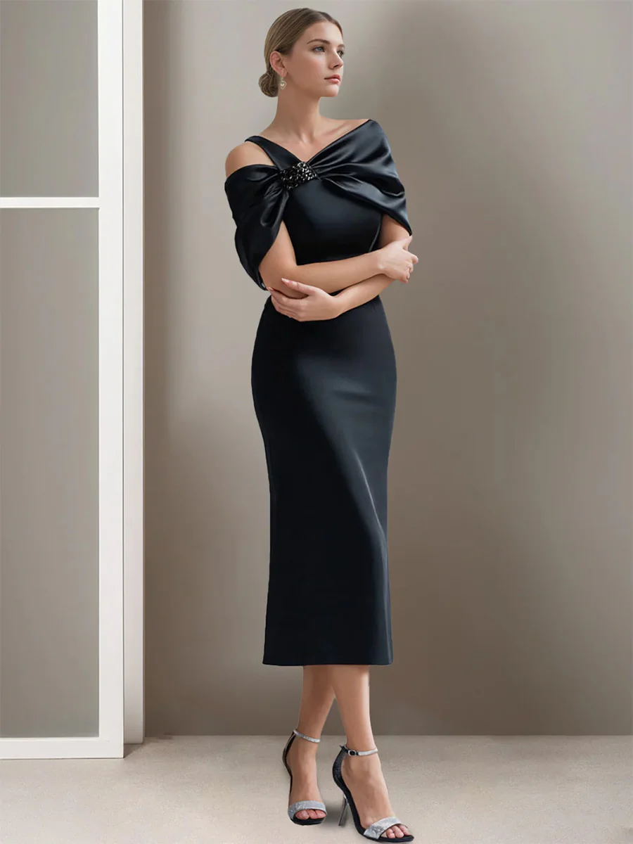 Sheath/Column Off-the-Shoulder Short Sleeves Tea-Length Cocktail Dresses
