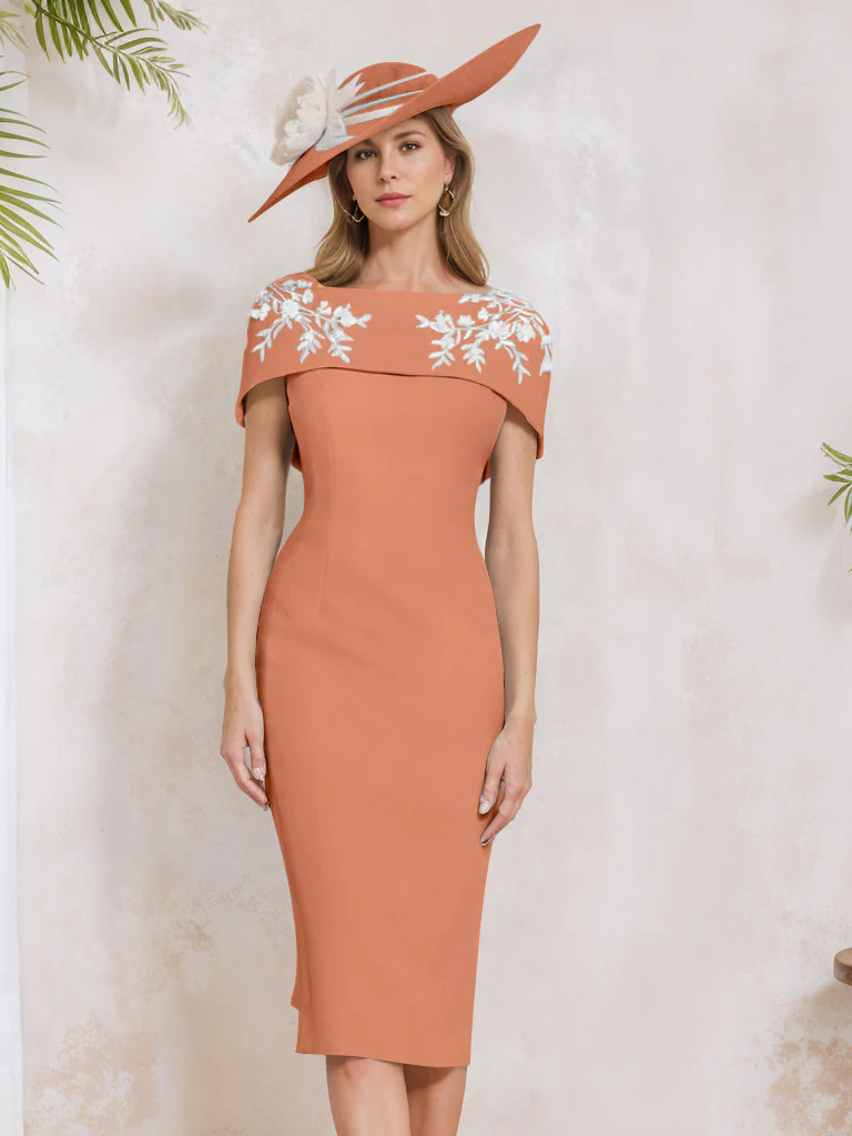 Sheath/Column Off-the-Shoulder Short Sleeves Tea-Length Mother of the Bride Dresses with Appliques, Embroidery, Bowknot & Pearls - Image 39