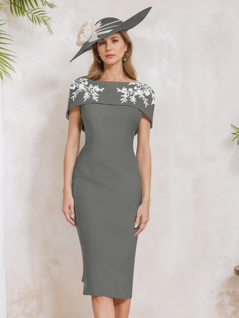 Sheath/Column Off-the-Shoulder Short Sleeves Tea-Length Mother of the Bride Dresses with Appliques, Embroidery, Bowknot & Pearls - Image 41