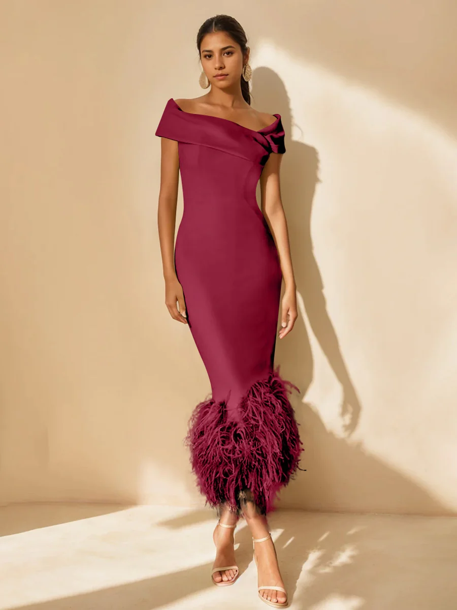 Sheath/Column Off-the-Shoulder Short Sleeves Tea-Length Unique Mother of the Bride Dresses with Feathers - Image 25