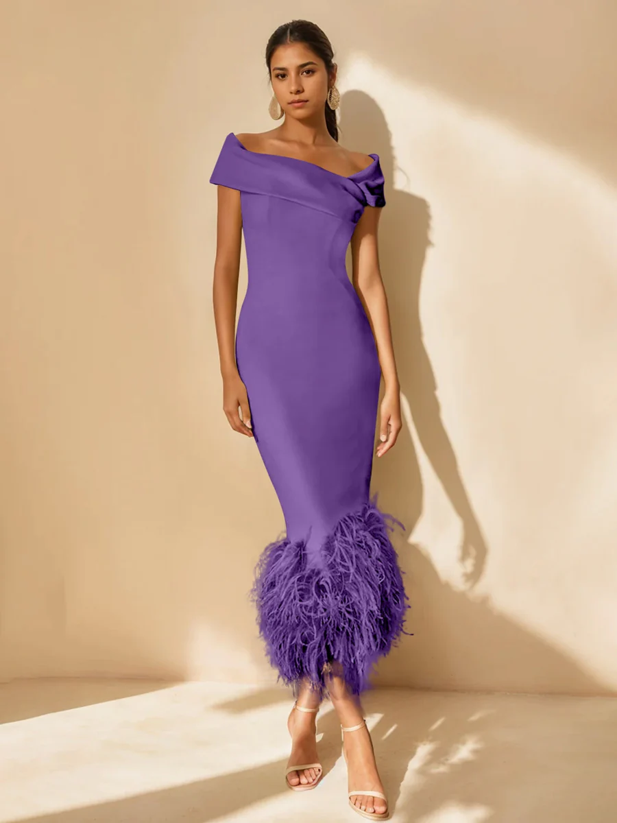 Sheath/Column Off-the-Shoulder Short Sleeves Tea-Length Unique Mother of the Bride Dresses with Feathers - Image 40