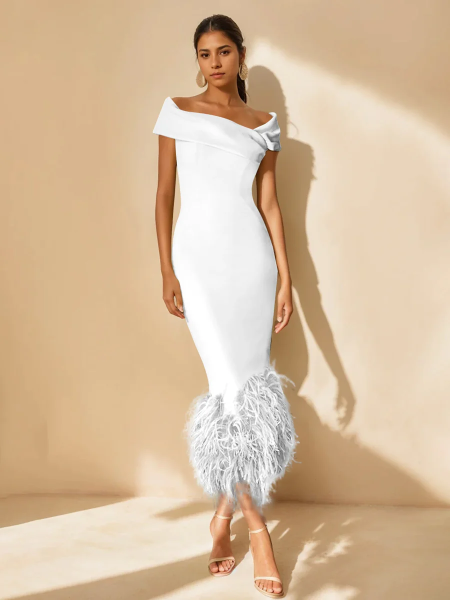 Sheath/Column Off-the-Shoulder Short Sleeves Tea-Length Unique Mother of the Bride Dresses with Feathers - Image 50
