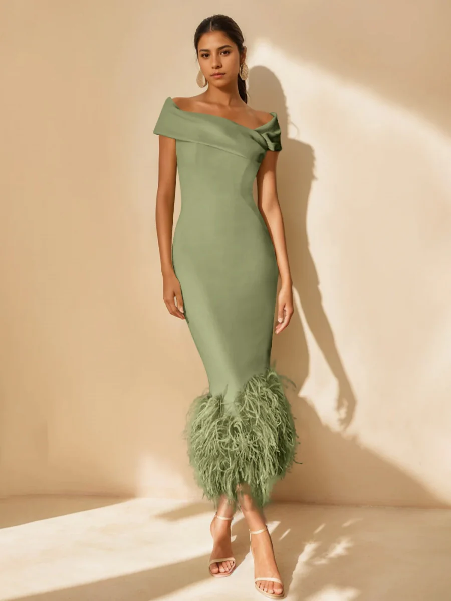 Sheath/Column Off-the-Shoulder Short Sleeves Tea-Length Unique Mother of the Bride Dresses with Feathers - Image 56