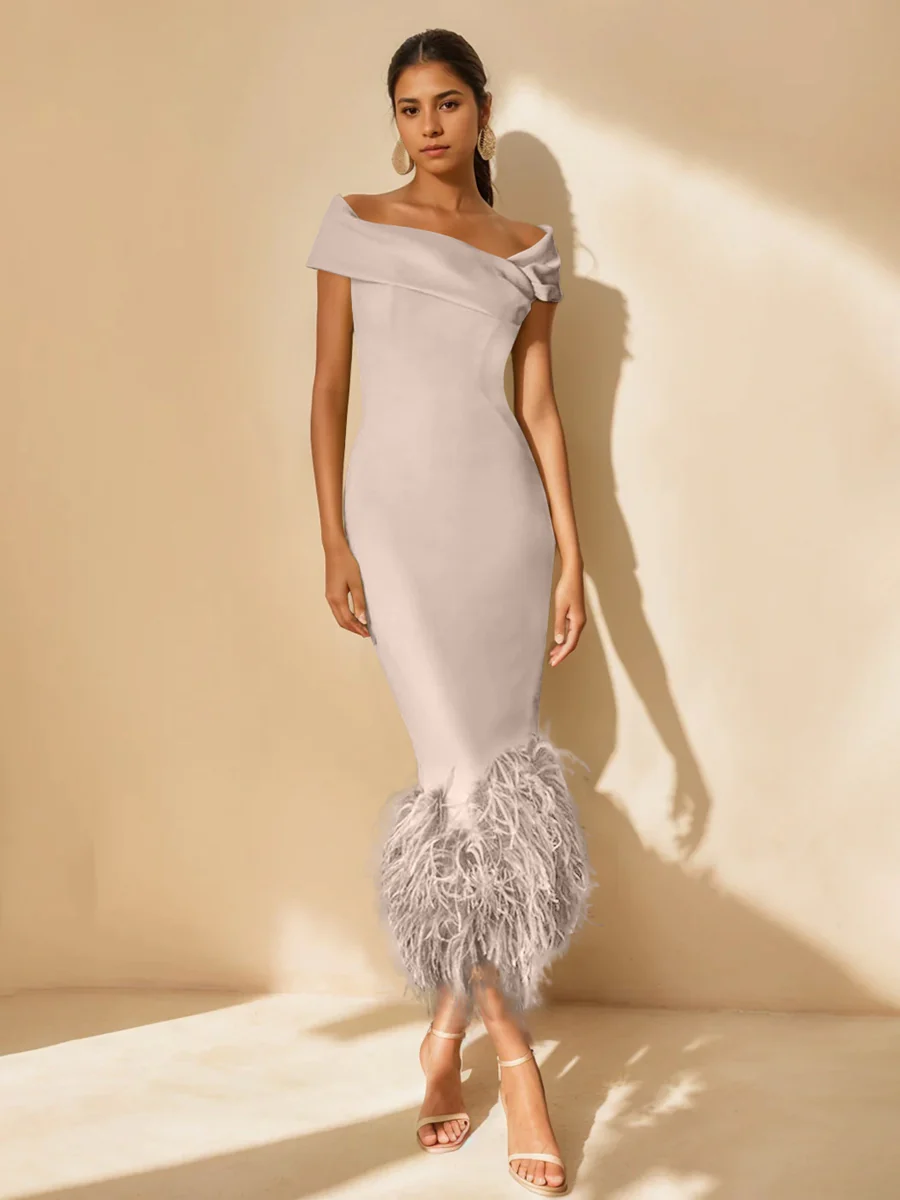 Sheath/Column Off-the-Shoulder Short Sleeves Tea-Length Unique Mother of the Bride Dresses with Feathers - Image 6