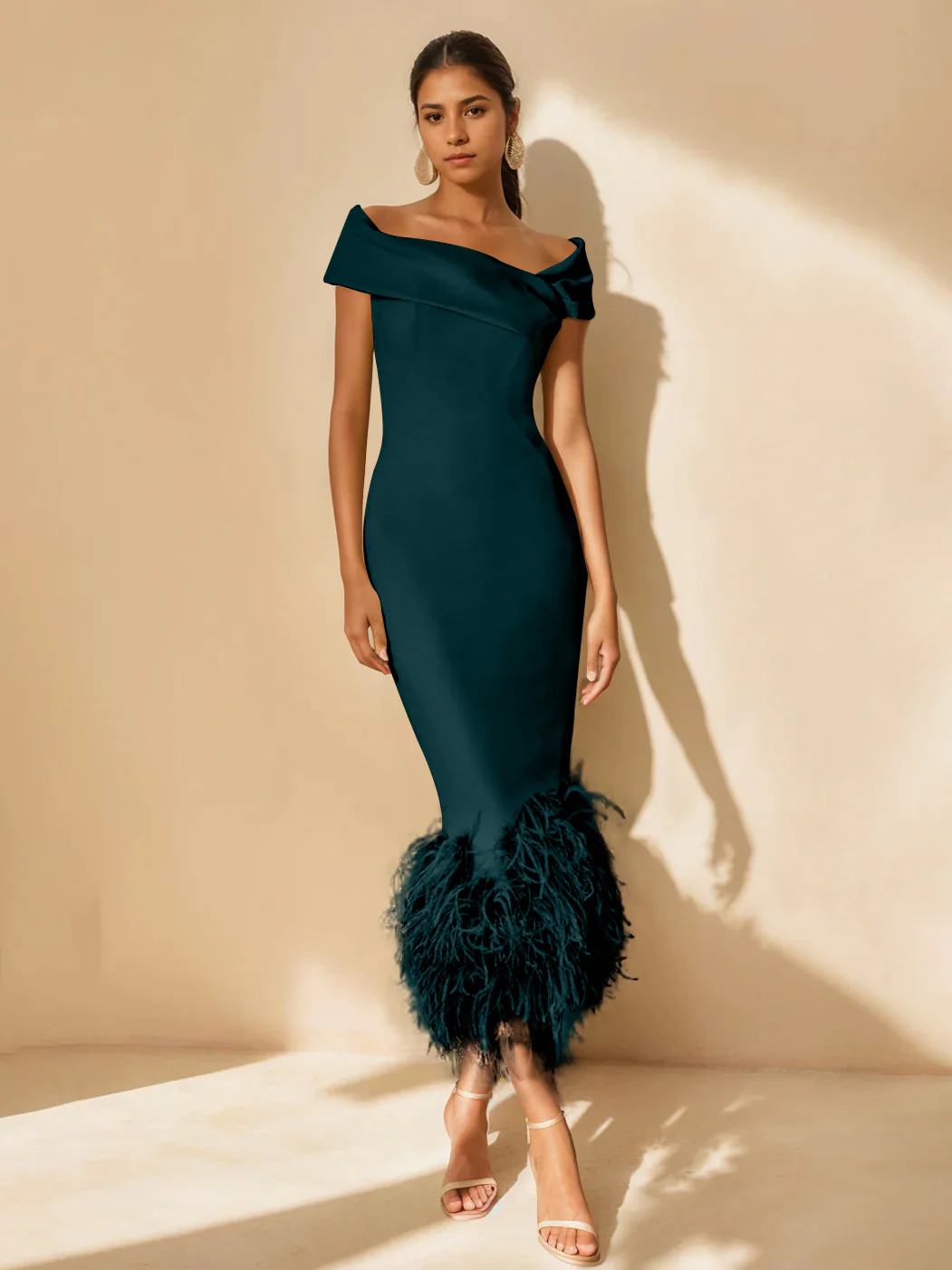 Sheath/Column Off-the-Shoulder Short Sleeves Tea-Length Unique Mother of the Bride Dresses with Feathers - Image 60