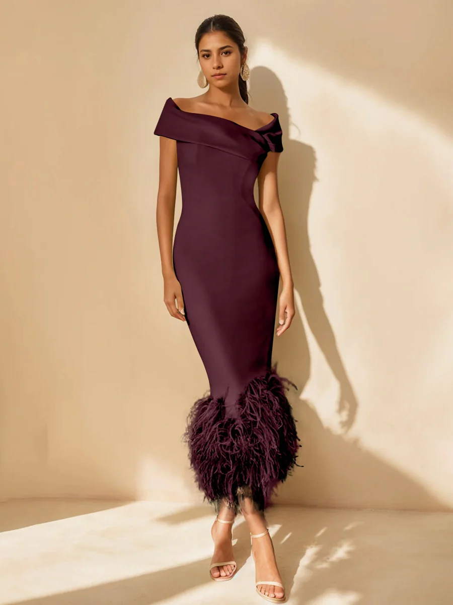 Sheath/Column Off-the-Shoulder Short Sleeves Tea-Length Unique Mother of the Bride Dresses with Feathers - Image 8