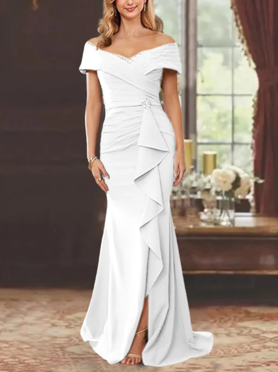 Sheath/Column Off-the-Shoulder Sleeveless Floor-Length Mother of the Bride Dresses With Ruffles - Image 21