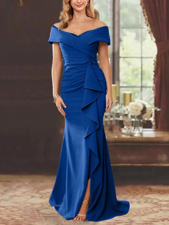 Sheath/Column Off-the-Shoulder Sleeveless Floor-Length Mother of the Bride Dresses With Ruffles - Image 29
