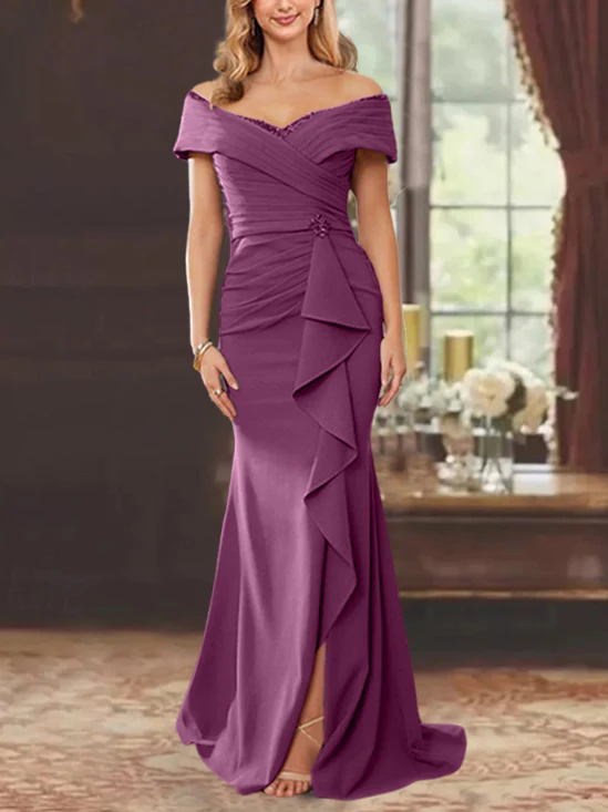 Sheath/Column Off-the-Shoulder Sleeveless Floor-Length Mother of the Bride Dresses With Ruffles - Image 37