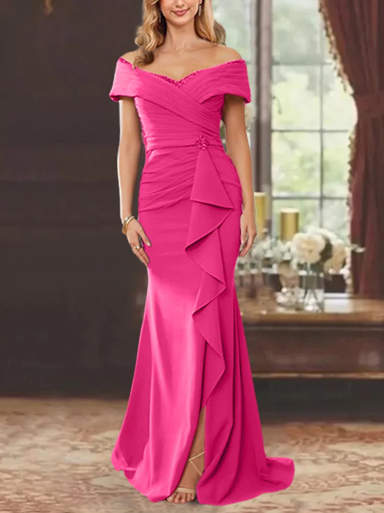 Sheath/Column Off-the-Shoulder Sleeveless Floor-Length Mother of the Bride Dresses With Ruffles - Image 47