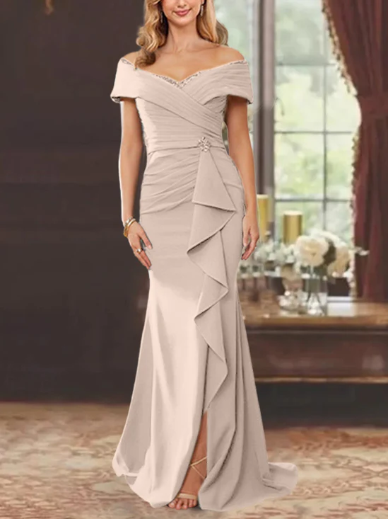 Sheath/Column Off-the-Shoulder Sleeveless Floor-Length Mother of the Bride Dresses With Ruffles - Image 60