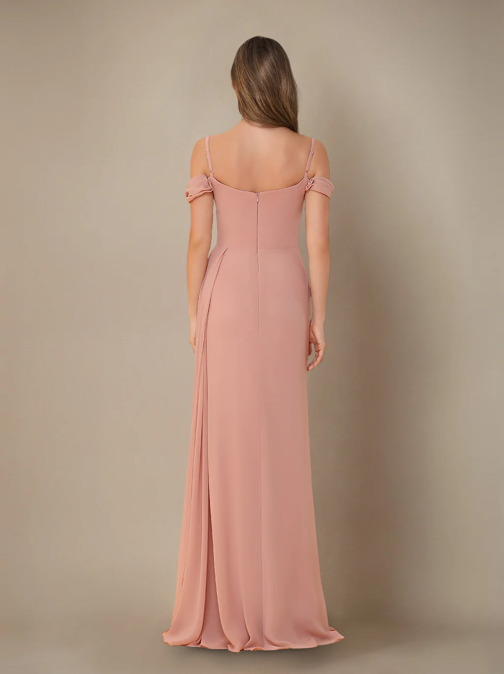 Sheath/Column Off-the-Shoulder Spaghetti Straps Floor-Length Bridesmaid Dress with Ruffles & Split Side - Image 2