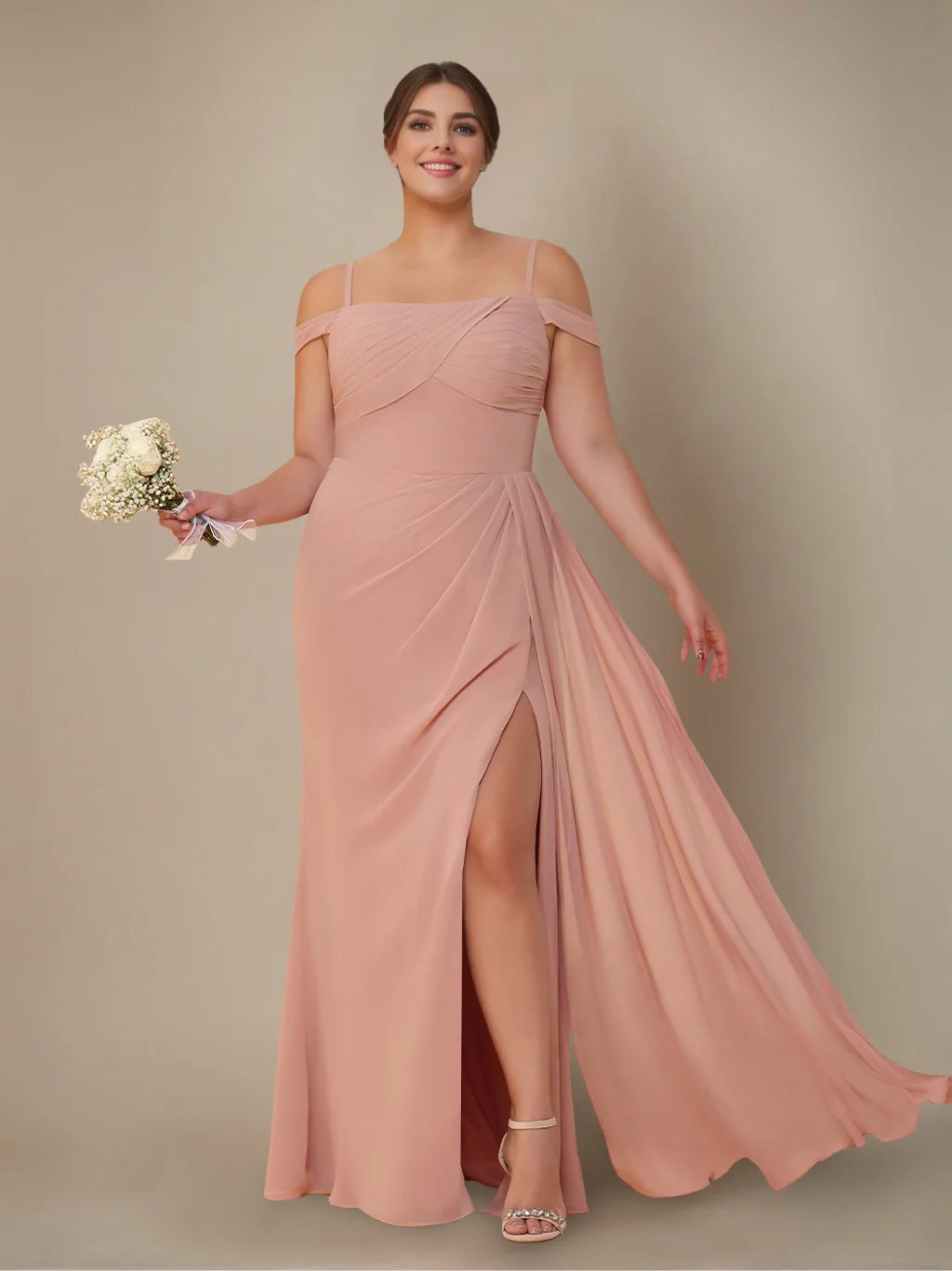 Sheath/Column Off-the-Shoulder Spaghetti Straps Floor-Length Plus Size Bridesmaid Dress with Ruffles & Split Side