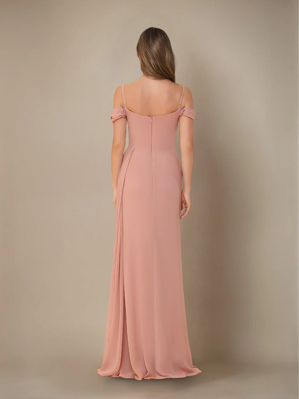 Sheath/Column Off-the-Shoulder Spaghetti Straps Floor-Length Plus Size Bridesmaid Dress with Ruffles & Split Side - Image 2