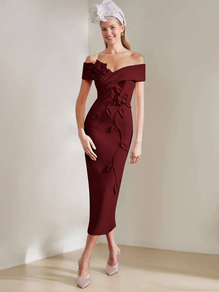 Sheath/Column Off-the-shoulder Tea-Length Mother of the Bride Dresses with 3D Flowers - Image 20