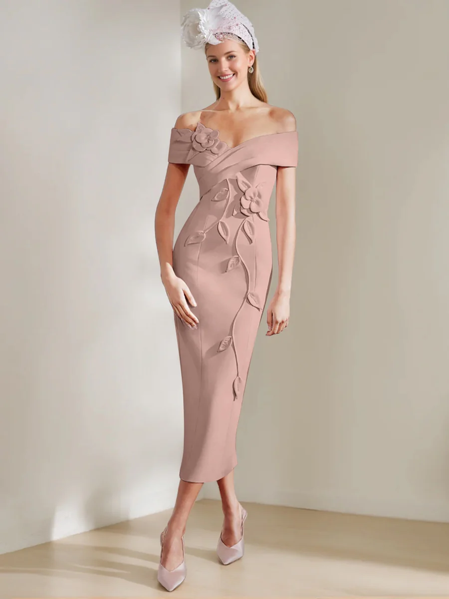 Sheath/Column Off-the-shoulder Tea-Length Mother of the Bride Dresses with 3D Flowers - Image 25