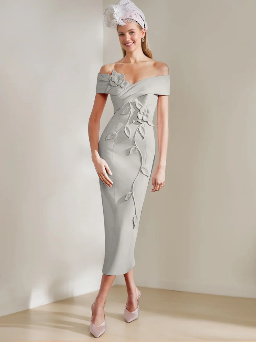 Sheath/Column Off-the-shoulder Tea-Length Mother of the Bride Dresses with 3D Flowers - Image 42