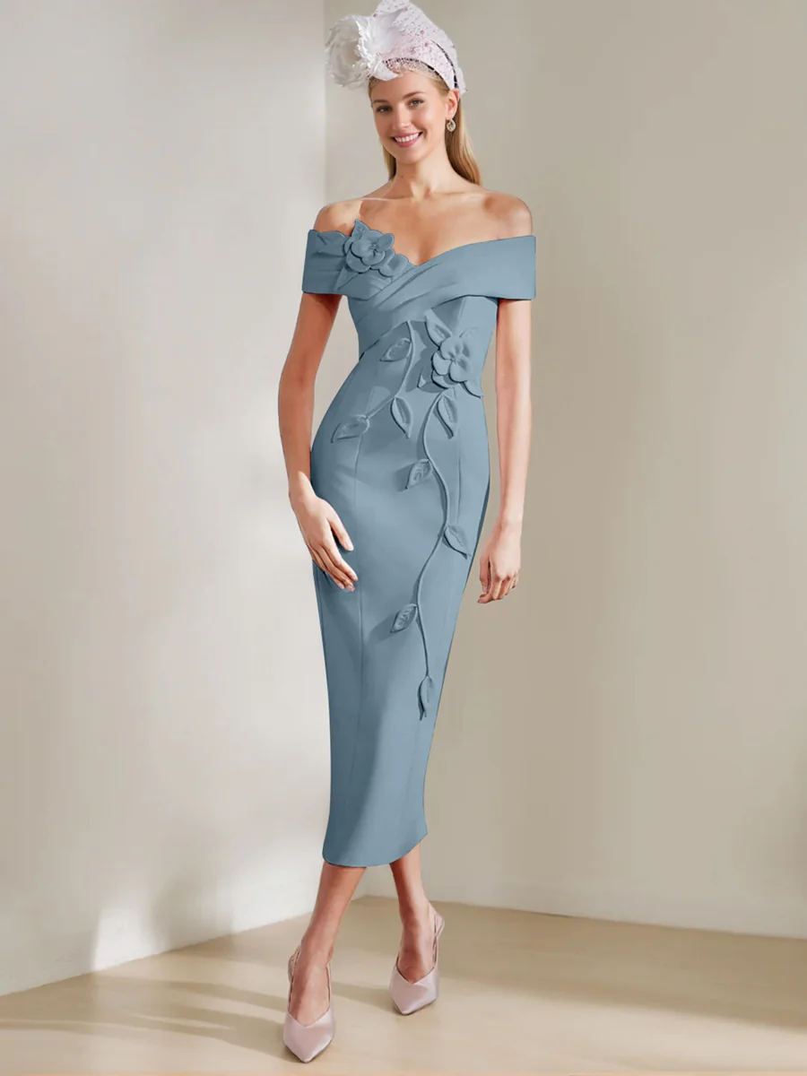 Sheath/Column Off-the-shoulder Tea-Length Mother of the Bride Dresses with 3D Flowers - Image 45