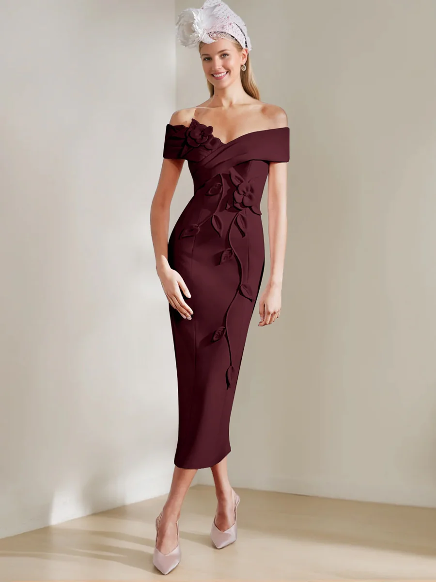 Sheath/Column Off-the-shoulder Tea-Length Mother of the Bride Dresses with 3D Flowers - Image 6