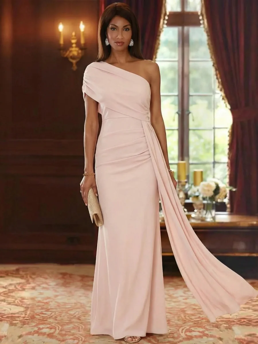 Sheath/Column One-Shoulder Chiffon Mother of the Bride Dresses with Watteau Train Floor-Length Sleeveless - Image 3