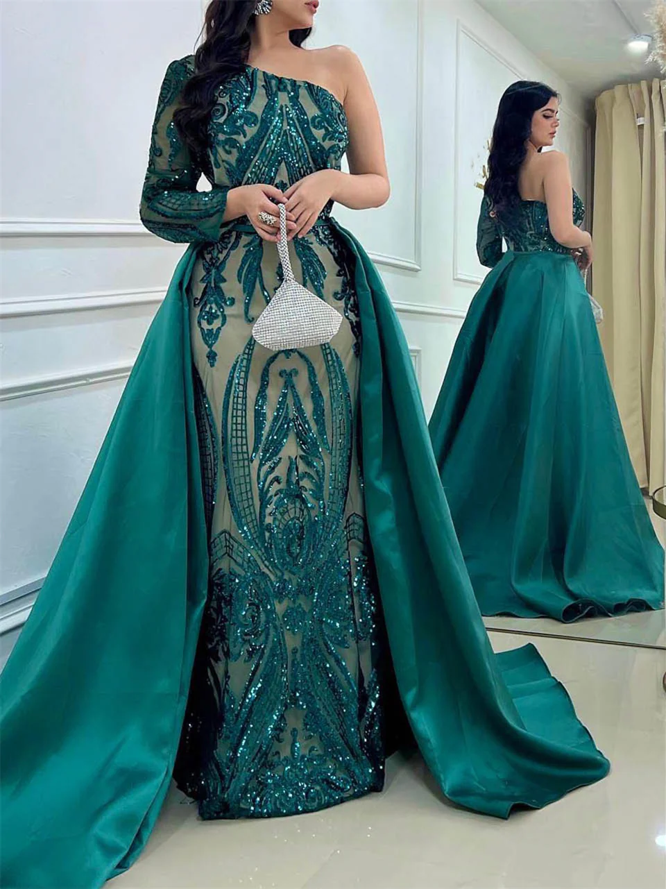Sheath/Column One-Shoulder Court Train Evening Dresses with Sequins - Image 2