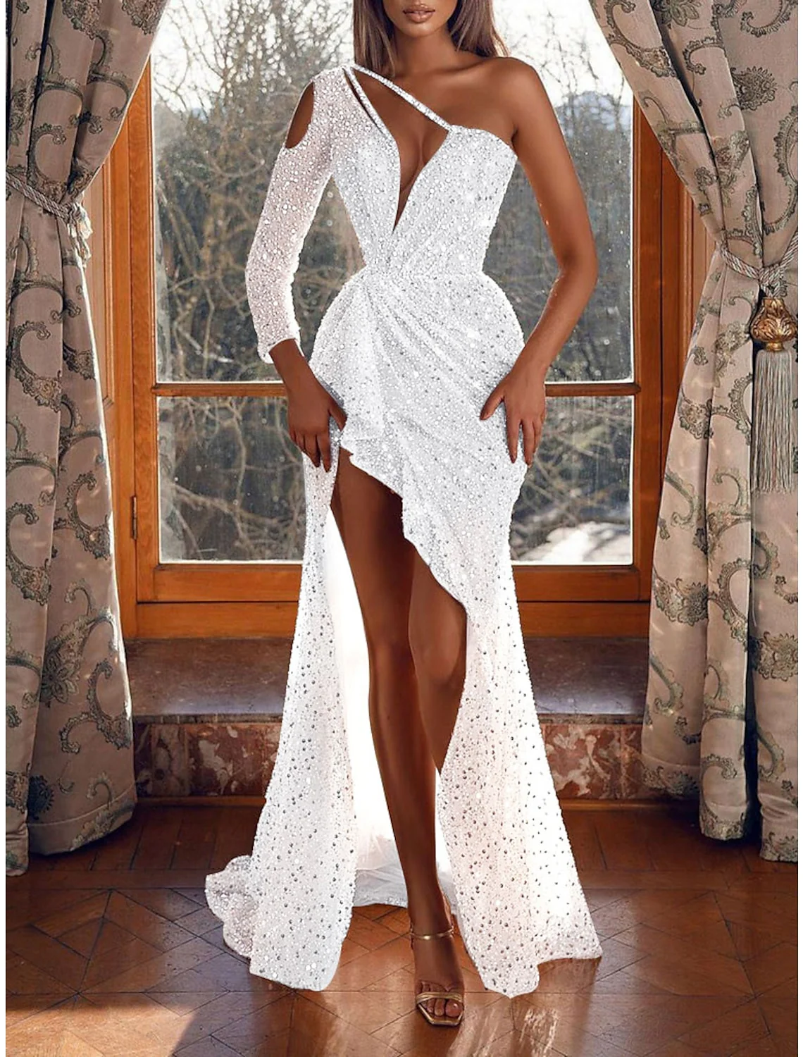 Sheath/Column One-Shoulder Evening Dresses Floor-length Long Prom Party Dress With Sequins - Image 5