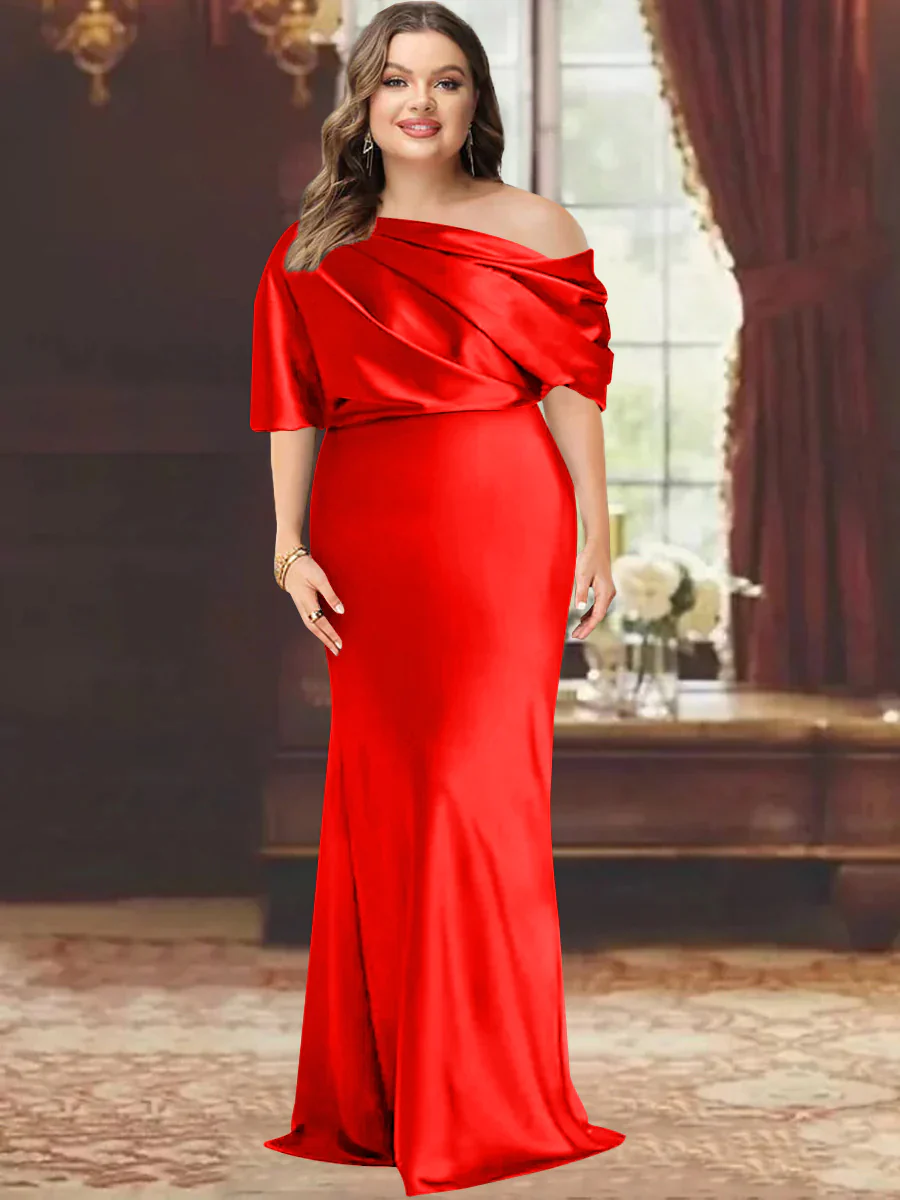 Sheath/Column One-Shoulder Floor-Length Plus Size Mother of the Bride Dresses with Ruffles - Image 36