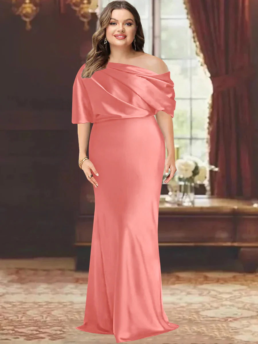 Sheath/Column One-Shoulder Floor-Length Plus Size Mother of the Bride Dresses with Ruffles - Image 45