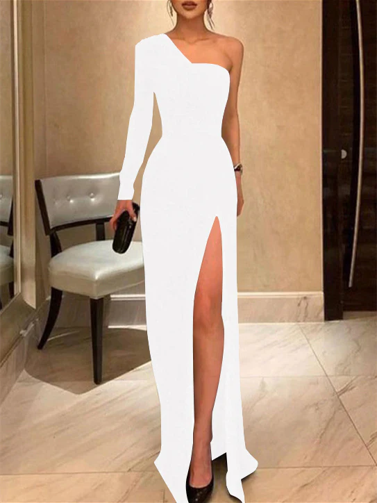 Sheath/Column One-Shoulder Evening Dresses Floor-length With Split Side - Image 13