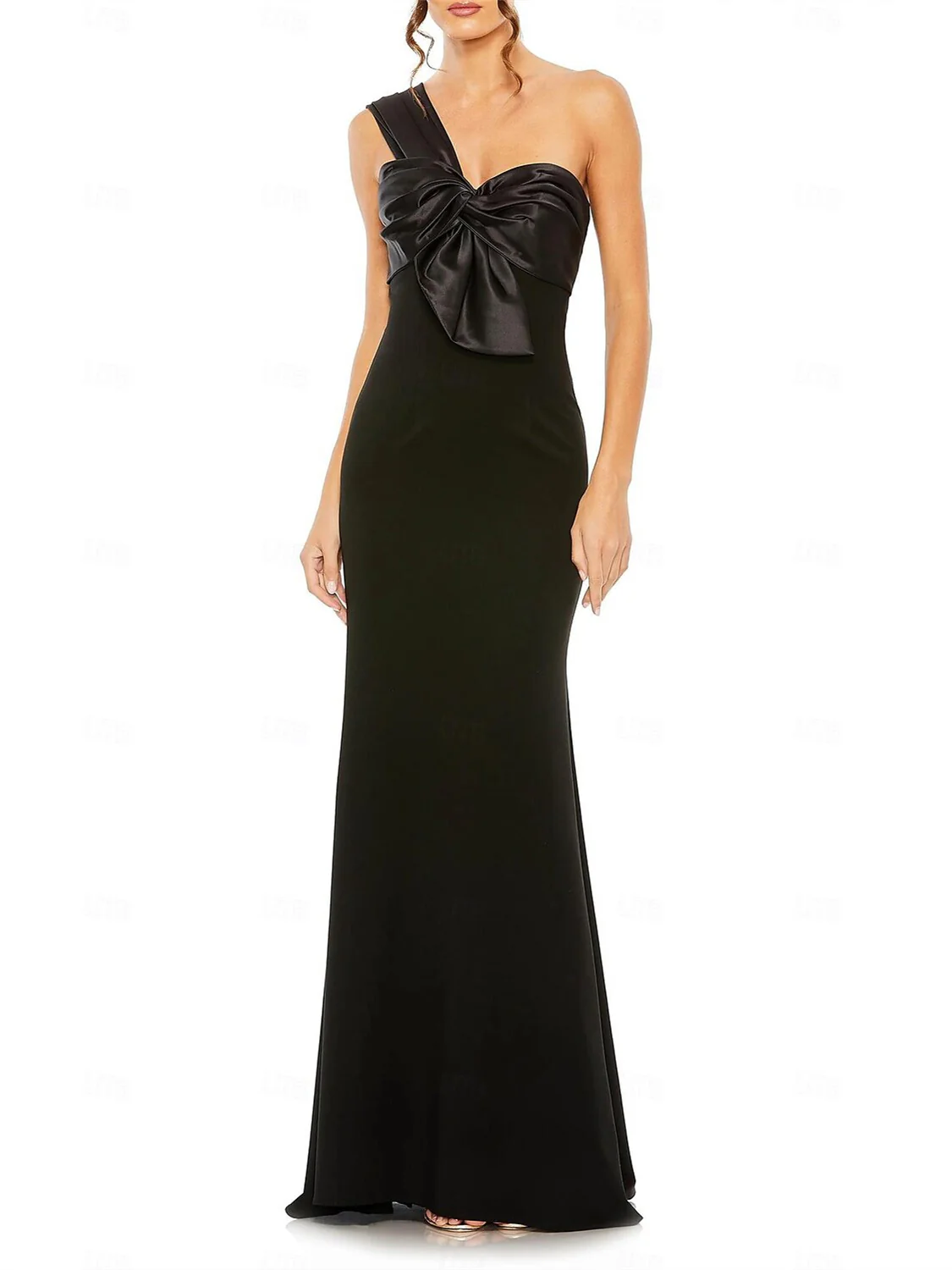 Sheath/Column One Shoulder Floor Length Sleeveless Wedding Guest Dresses Stretch Crepe with Bow(s)