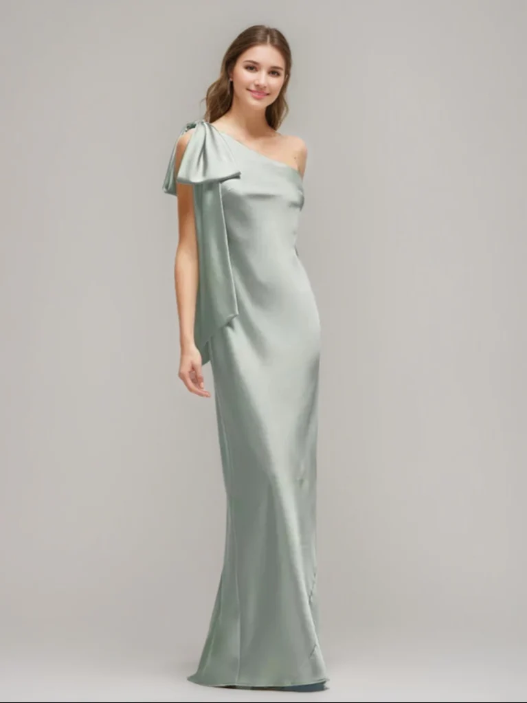 Sheath/Column One-shoulder Floor-length Wedding Guest Dresses with Bow & Slit