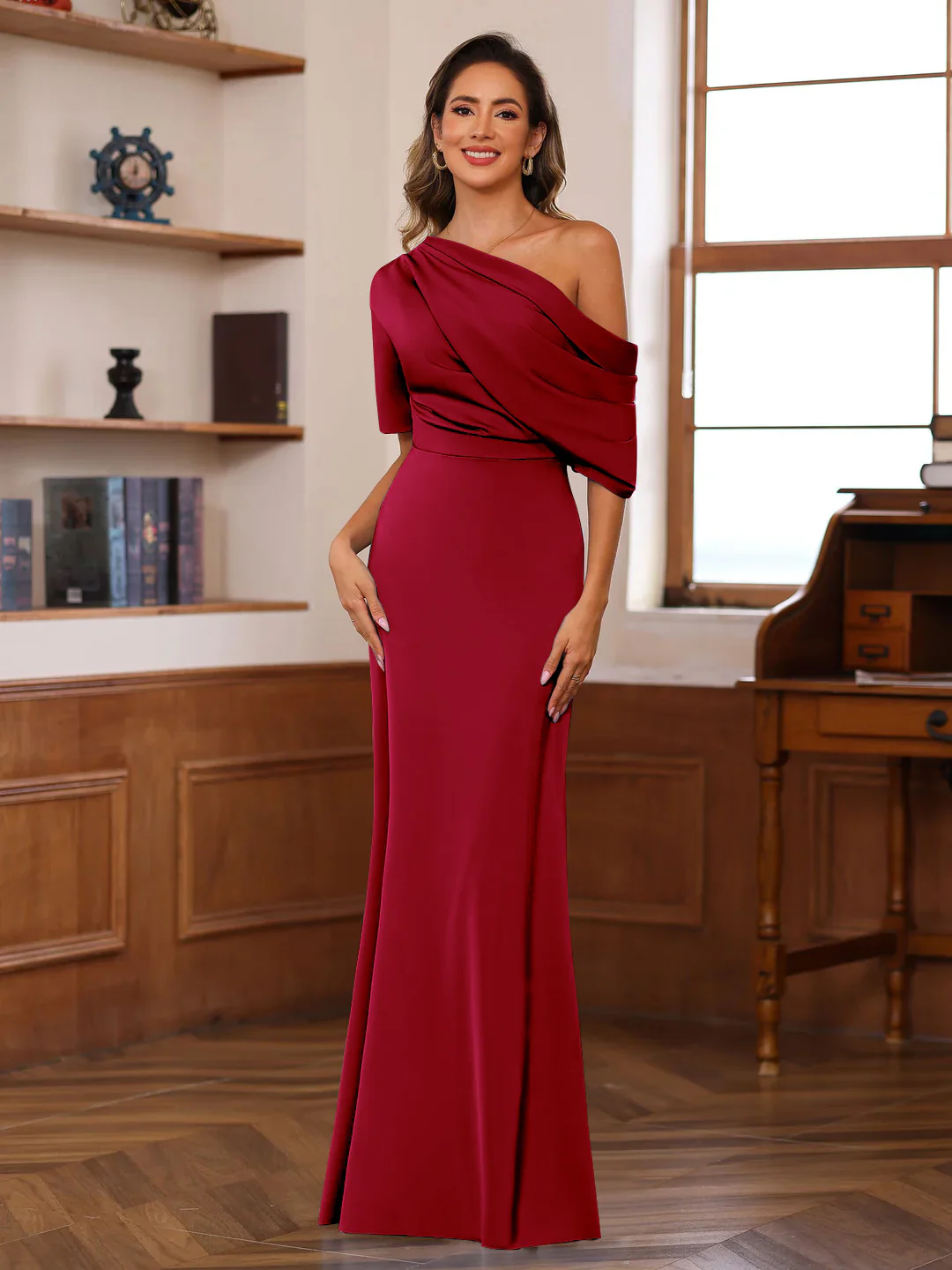 Sheath/Column One-Shoulder Half Sleeves Floor-Length Silk Satin Mother of the Bride Dresses with Ruffles - Image 22