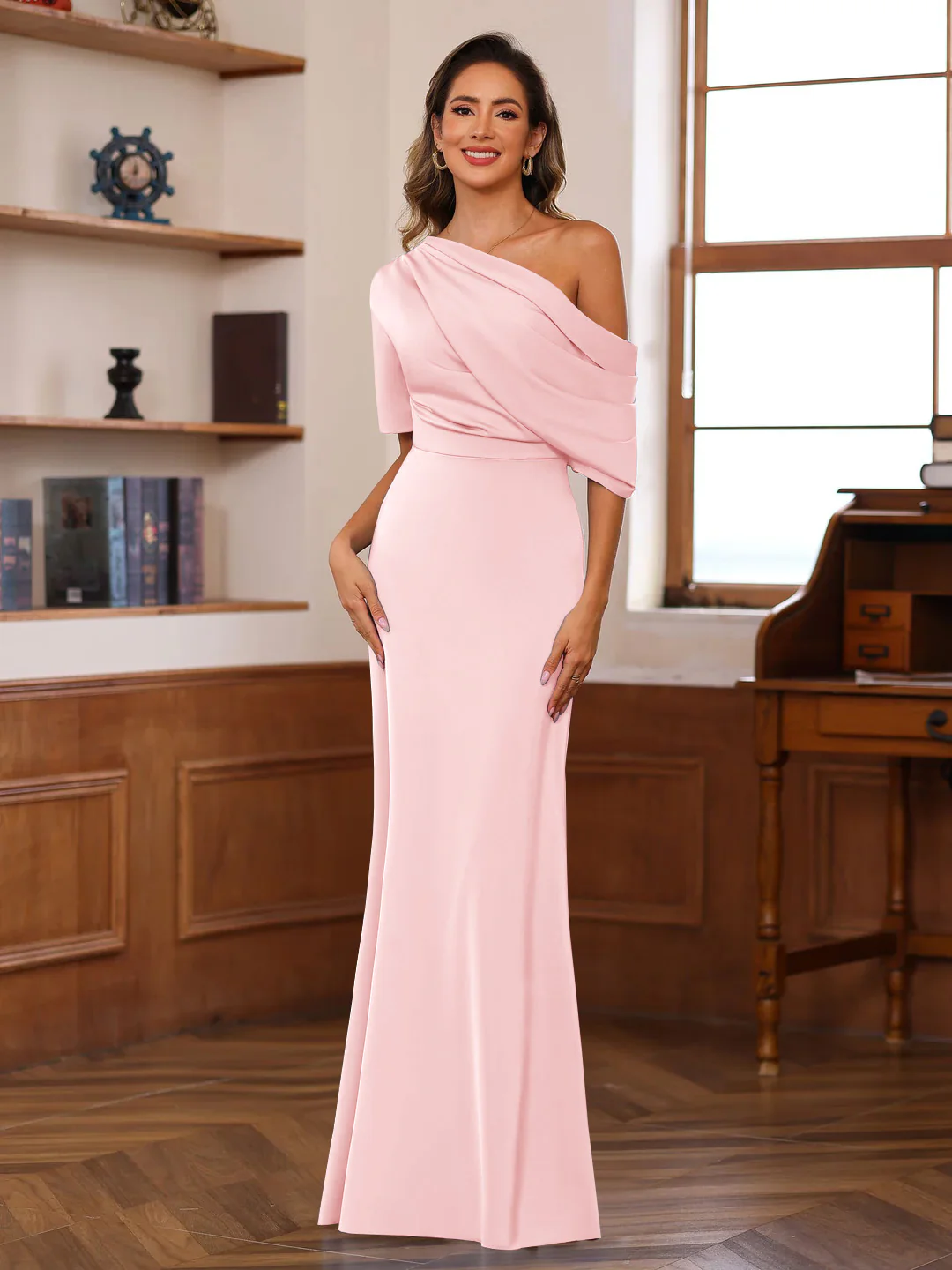 Sheath/Column One-Shoulder Half Sleeves Floor-Length Silk Satin Mother of the Bride Dresses with Ruffles - Image 36