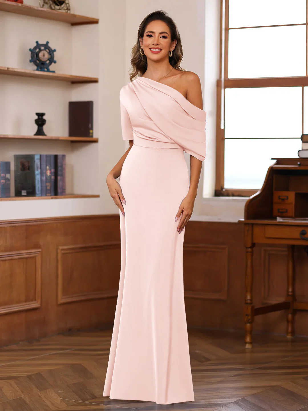 Sheath/Column One-Shoulder Half Sleeves Floor-Length Silk Satin Mother of the Bride Dresses with Ruffles - Image 42