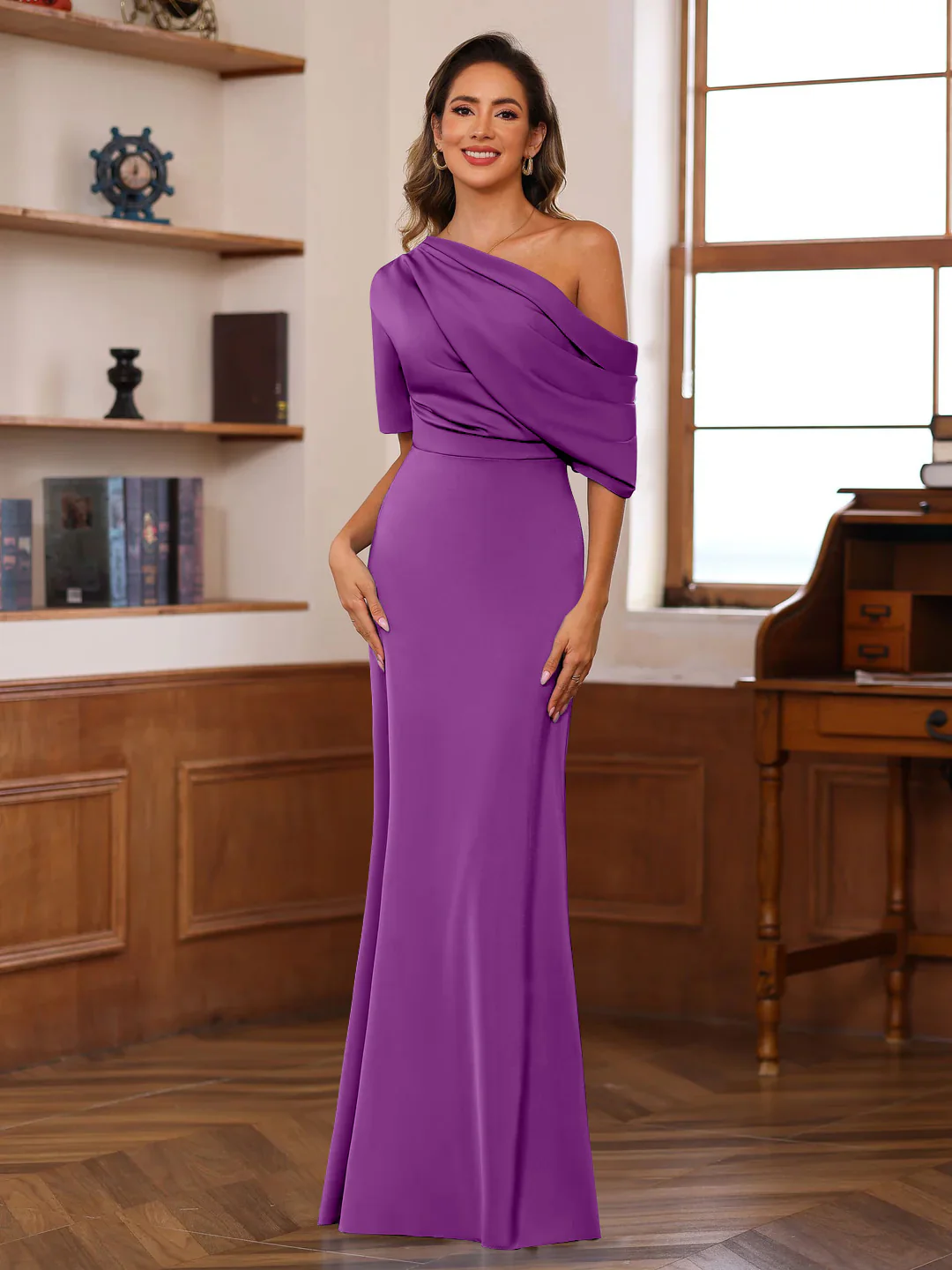 Sheath/Column One-Shoulder Half Sleeves Floor-Length Silk Satin Mother of the Bride Dresses with Ruffles - Image 43