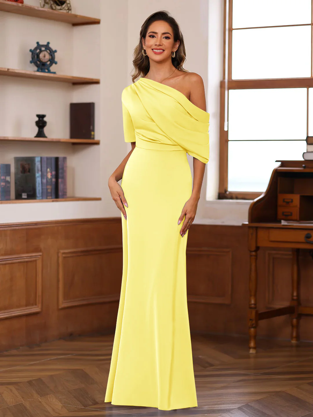 Sheath/Column One-Shoulder Half Sleeves Floor-Length Silk Satin Mother of the Bride Dresses with Ruffles - Image 53