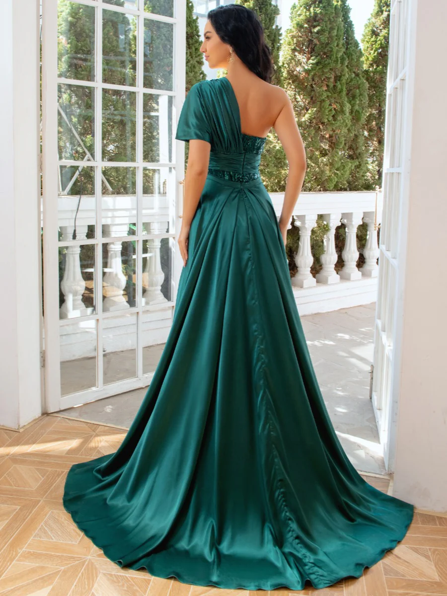 Sheath/Column One-Shoulder Ruched Evening Dresses with Sequins & Tulle & Detachable Train - Image 3