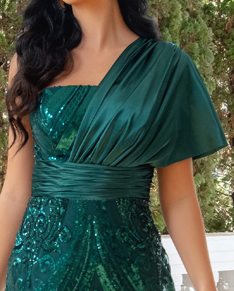 Sheath/Column One-Shoulder Ruched Evening Dresses with Sequins & Tulle & Detachable Train - Image 7