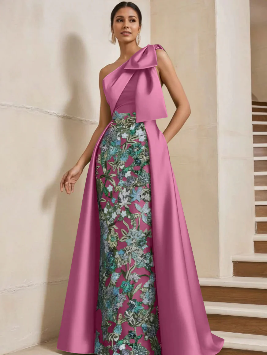 Sheath/Column One-Shoulder Satin Mother of the Bride Dresses with Overskirt Sleeveless Floor-Length Bow - Image 18