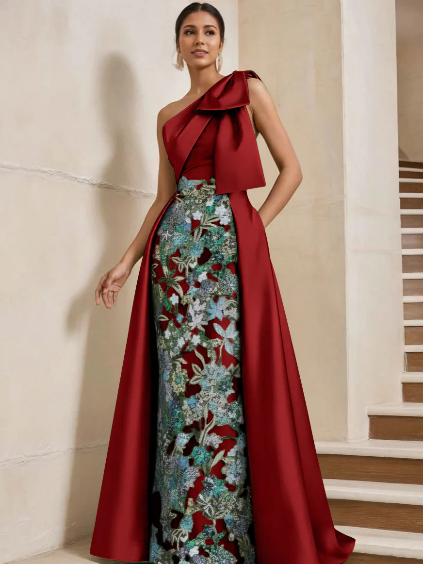 Sheath/Column One-Shoulder Satin Mother of the Bride Dresses with Overskirt Sleeveless Floor-Length Bow - Image 26