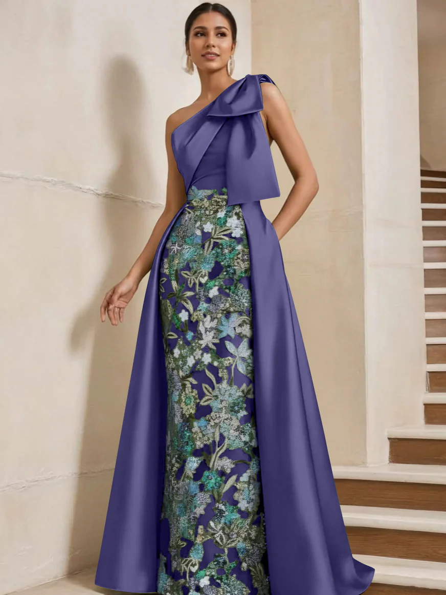 Sheath/Column One-Shoulder Satin Mother of the Bride Dresses with Overskirt Sleeveless Floor-Length Bow - Image 35