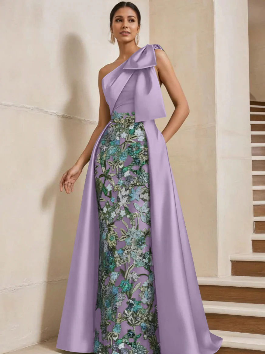 Sheath/Column One-Shoulder Satin Mother of the Bride Dresses with Overskirt Sleeveless Floor-Length Bow - Image 37
