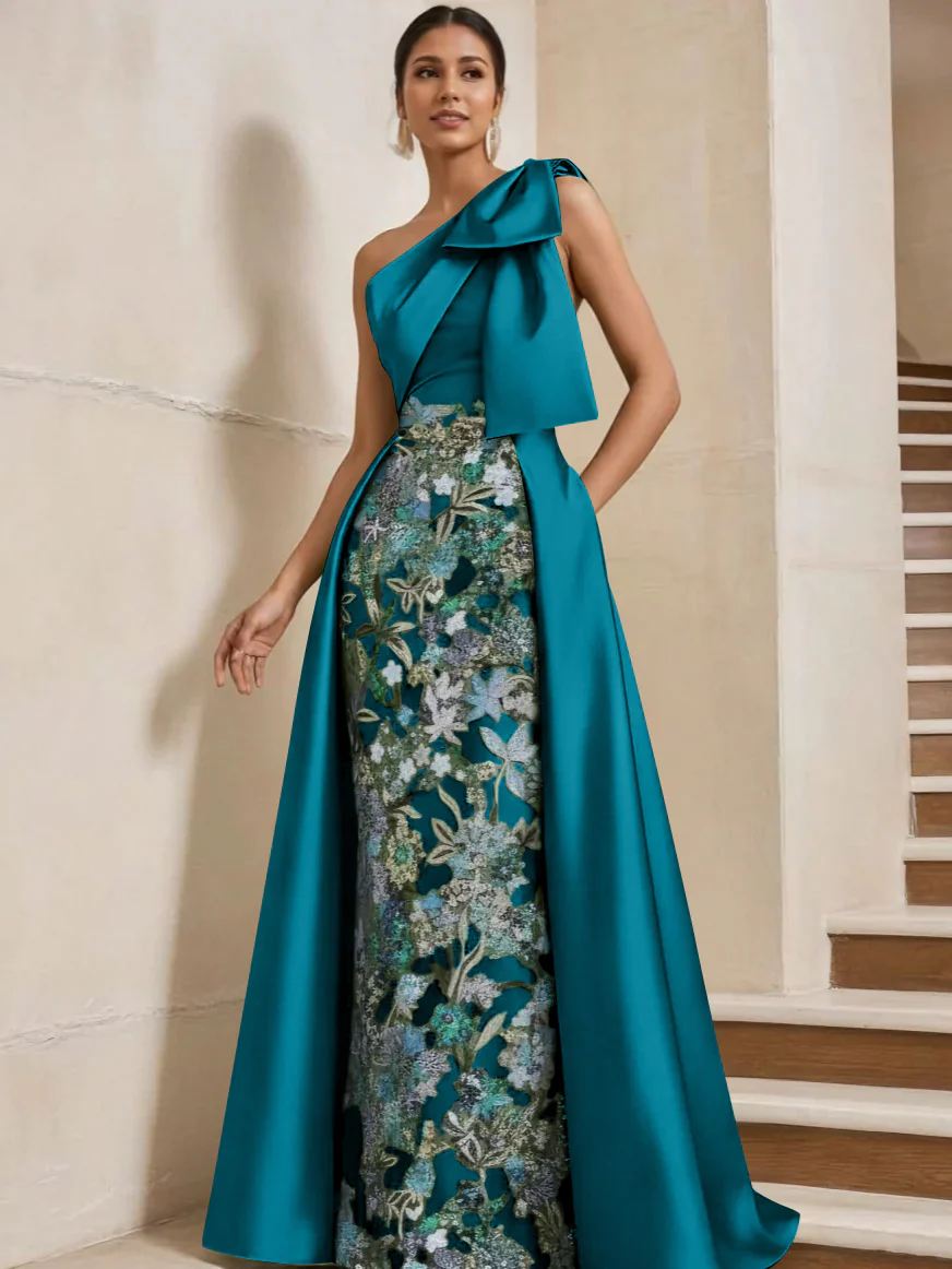 Sheath/Column One-Shoulder Satin Mother of the Bride Dresses with Overskirt Sleeveless Floor-Length Bow - Image 46