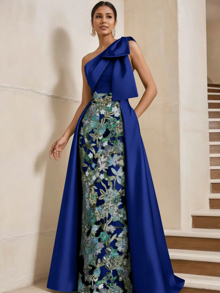 Sheath/Column One-Shoulder Satin Mother of the Bride Dresses with Overskirt Sleeveless Floor-Length Bow - Image 48