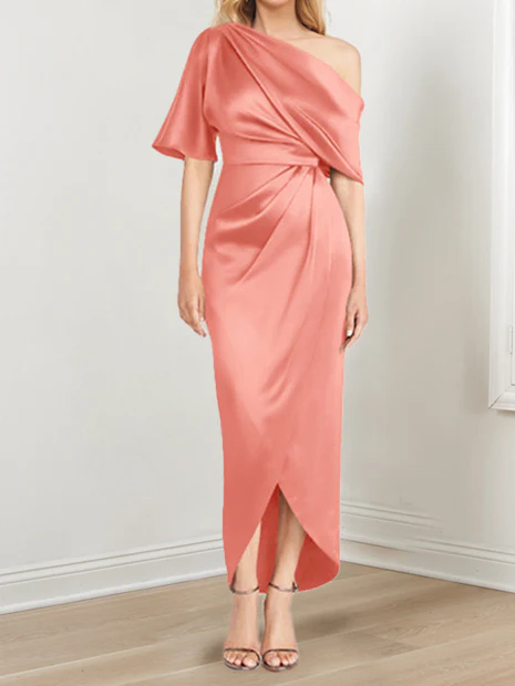 Sheath/Column One-Shoulder Short Sleeves Asymmetrical Mother of the Bride Dresses with Ruffles - Image 15