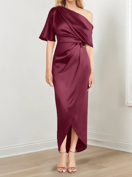 Sheath/Column One-Shoulder Short Sleeves Asymmetrical Mother of the Bride Dresses with Ruffles - Image 34
