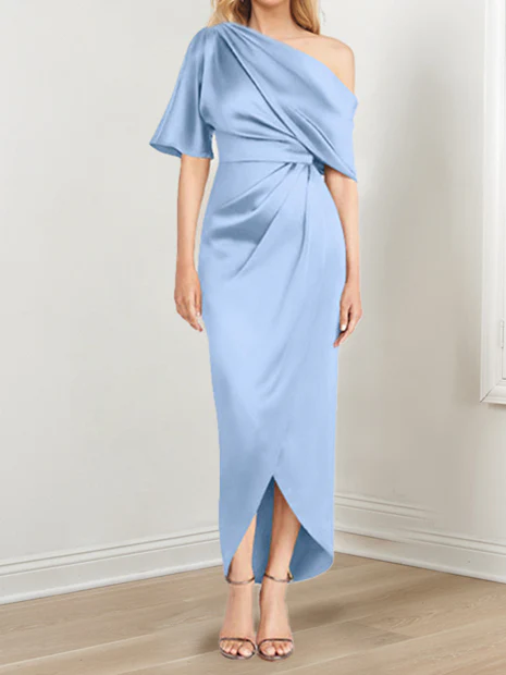 Sheath/Column One-Shoulder Short Sleeves Asymmetrical Mother of the Bride Dresses with Ruffles - Image 49